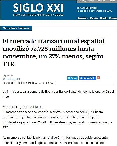 El mercado transaccional espaol moviliz 72.728 millones hasta noviembre, un 27% menos, segn TTR